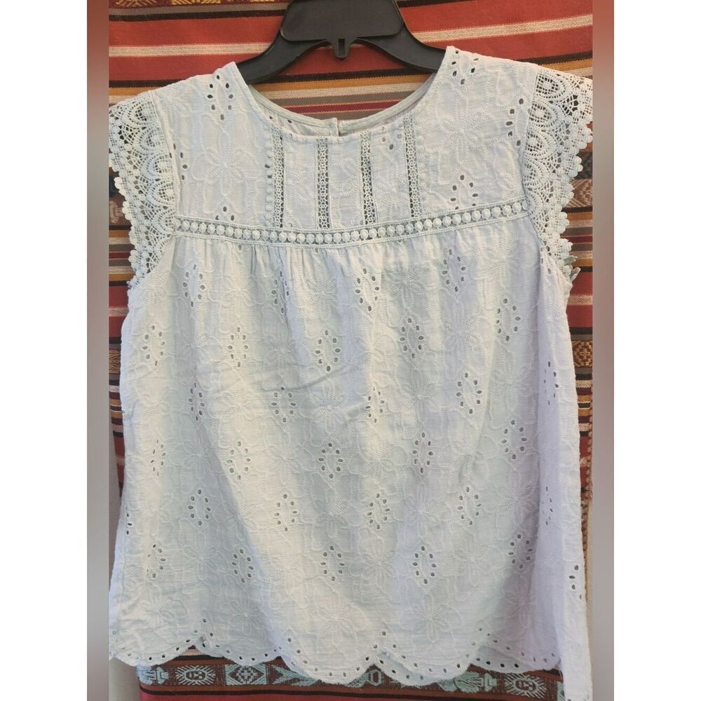 Delicate Pale green Eyelet Embroidered blouse lacy cap sleeves scalloped hem